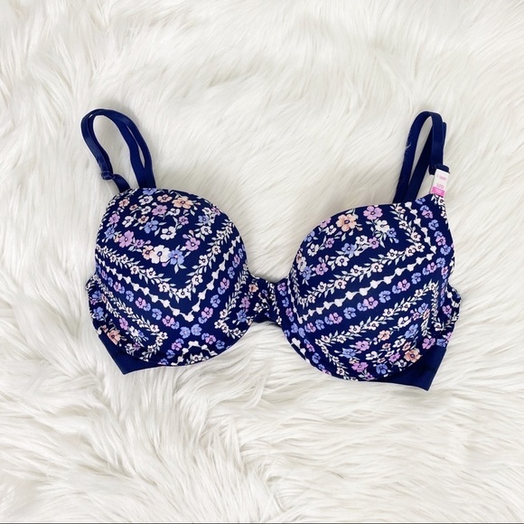 VS Pink 32D Wear Everywhere T-shirt Bra Blue Floral - Picture 1 of 8